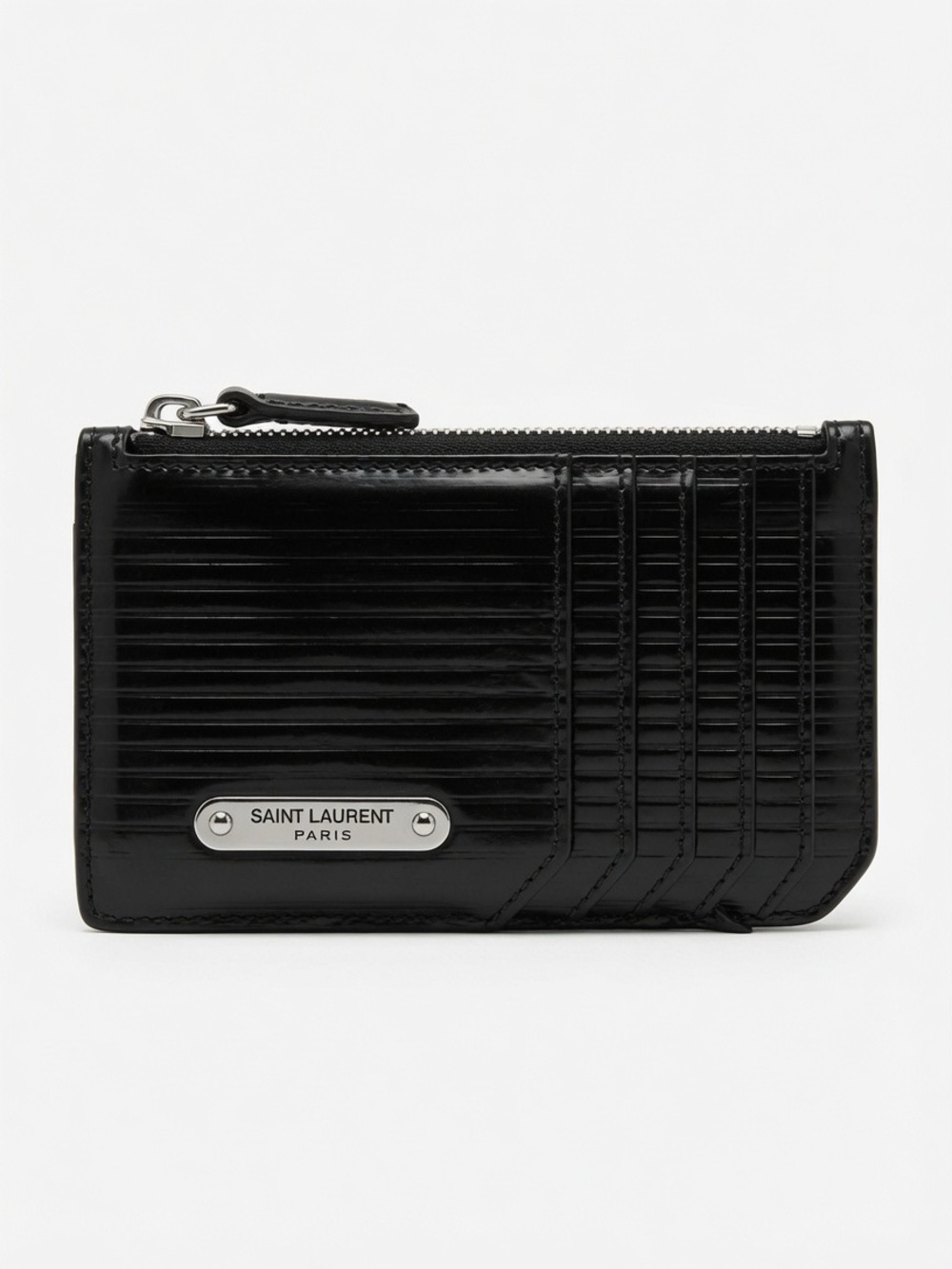 Saint Laurent Black Glossy Ridged Leather Card Case with Zip